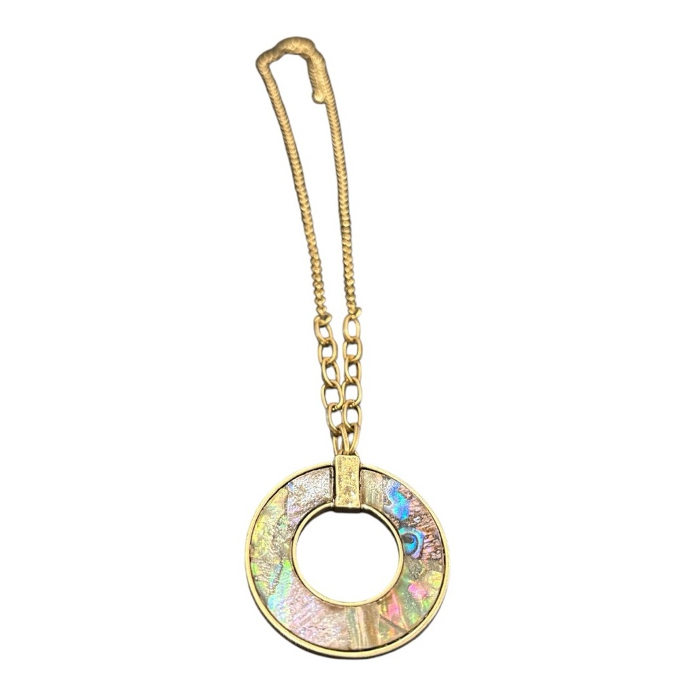 Open circle abalone pendant on brushed gold chain. JB2